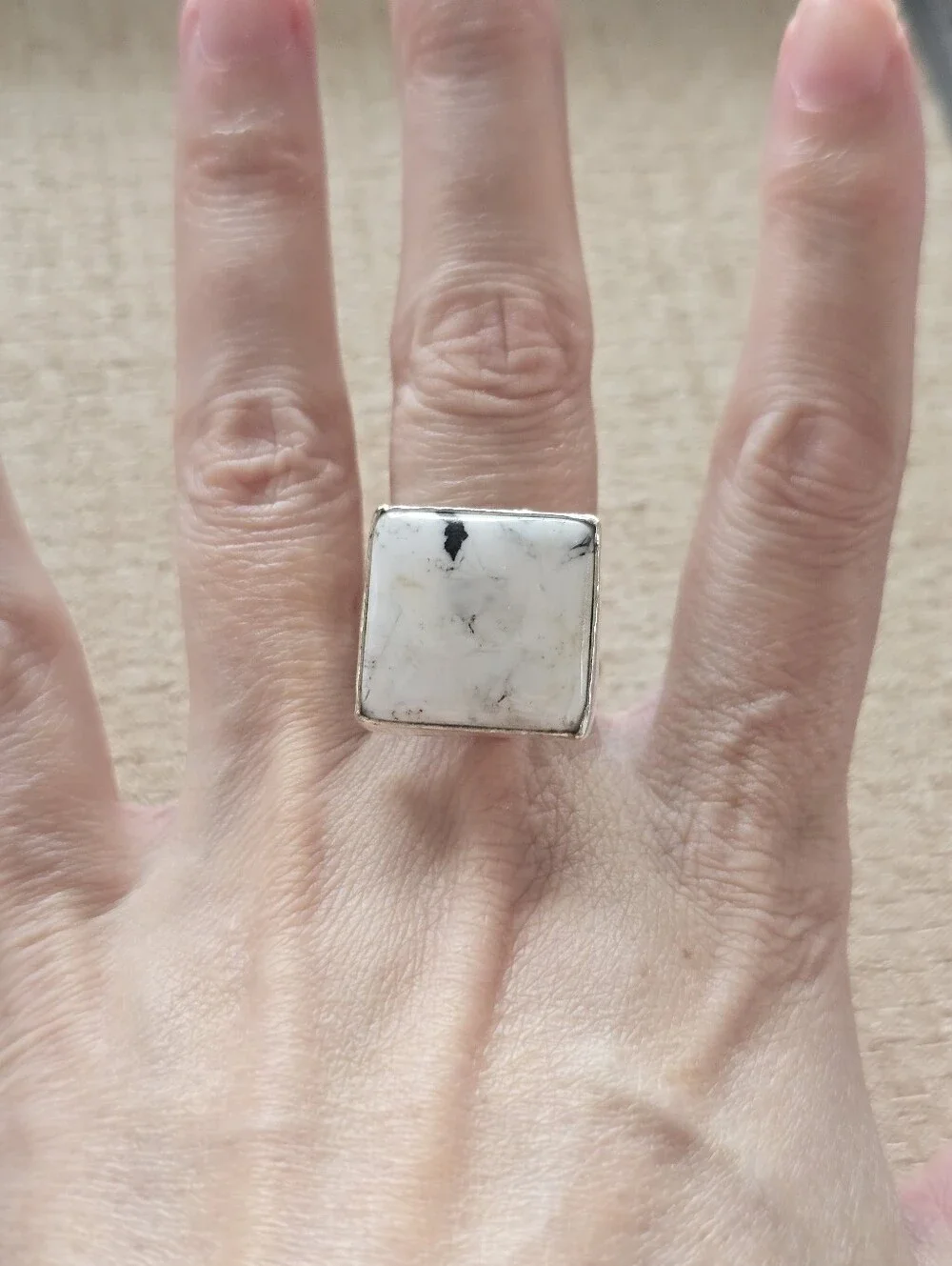 Square White Buffalo Ring In Silver Plated Copper, Southwestern